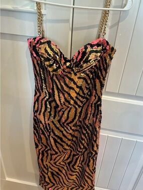 NWT Nadine Merabi Sequin Zebra-Print Bodycon Dress Black, Gold & Pink